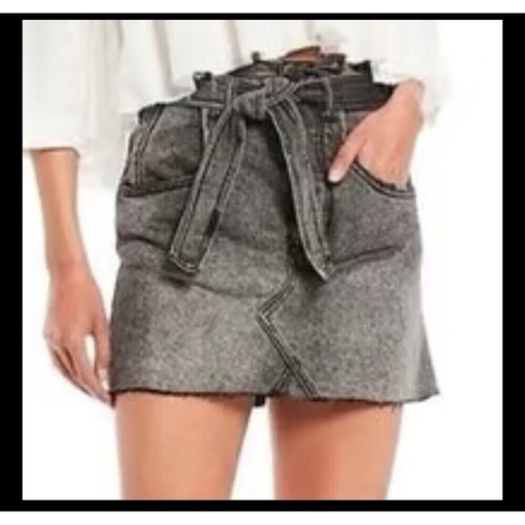 Free People East Of Eden Button Fly Denim Black Jean Skirt Belted   Sz 25 /S NWT - Picture 2 of 8